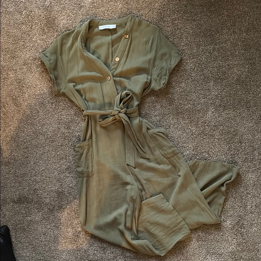 Olive Green Button-Up Cropped Jumpsuit